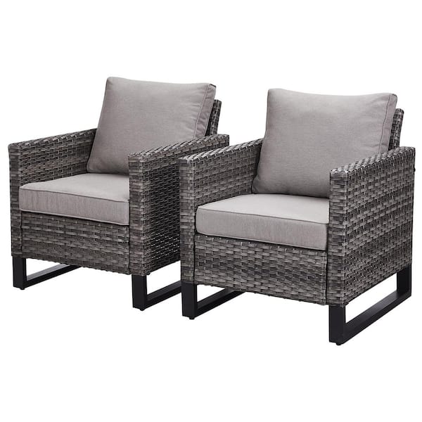 Pocassy Gray Wicker Outdoor Patio Lounge Chair with CushionGuard Gray Cushions (2-Pack)