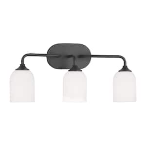 Emile Large 22 in. 3-Light Midnight Black Bathroom Vanity Light with Etched White Glass Shades