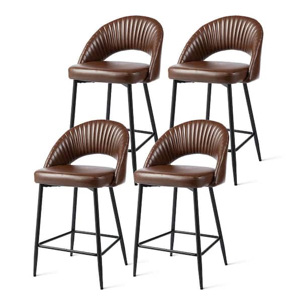 Glitzhome 36.50 in. H Modern Brown Quilted Leatherette Counter Stool with Metal Tapered Legs and Low Back (set of 4)