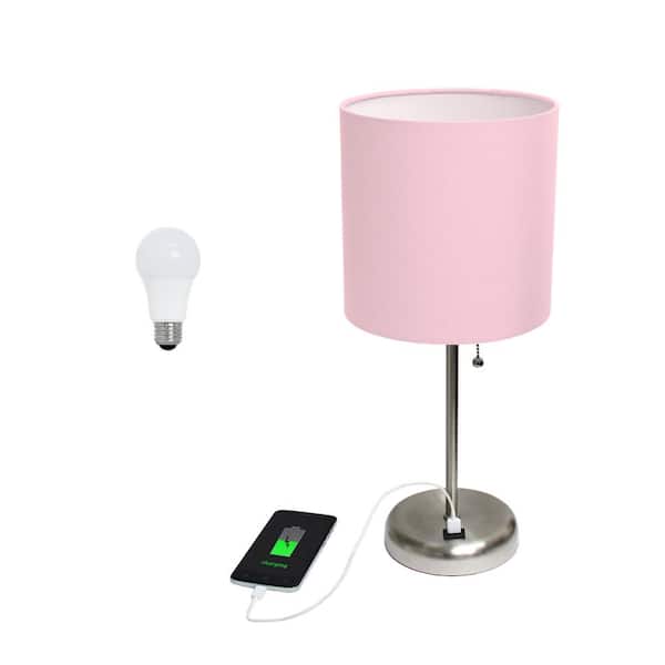 Creekwood home 19.5 in. Contemporary Bedside USB Port Base Standard Metal Table Lamp in Brushed Steel, Light Pink Shade, with LED Bulb
