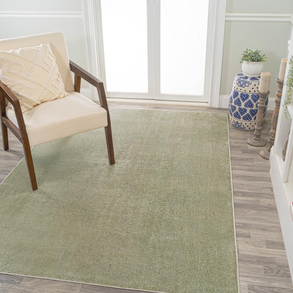 Sage Green Low-Pile Machine-Washable Synthetic Rectangular Area Rug