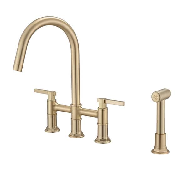2-Handle Deck Mount Kitchen Faucet 3-Hole Bridge Kitchen Faucet with Side Sprayer in Brushed Gold
