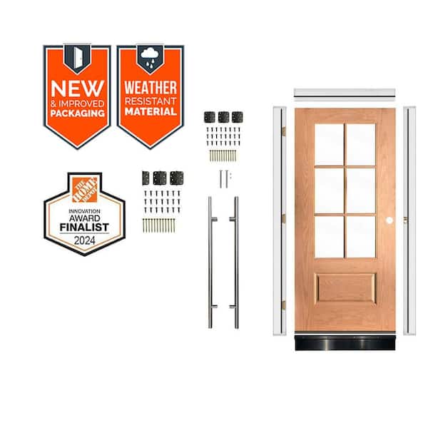  DIY Faux Pivot 36 in. x 79 in. 6-Lite Left-Hand Clear Glass Teak Stain Fiberglass Front Door Kit w/ Quick Assemble Jamb