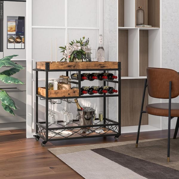 Costway 3-Tier Rustic Brown Mobile Bar Serving Cart Liquor Storage Trolley  with Removable Tray Wine Rack JV10785CF - The Home Depot