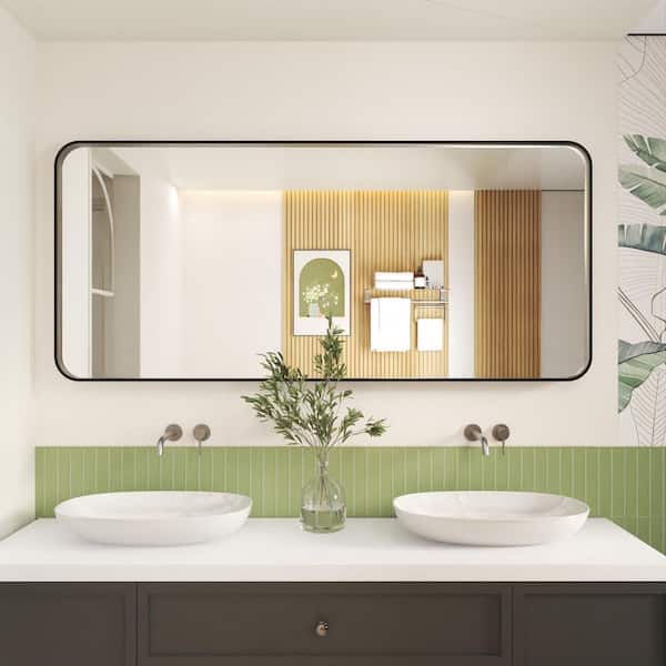 72 in. W x 32 in. H Rectangular Aluminum Framed Wall Bathroom Vanity Wall Mount Mirror in Black