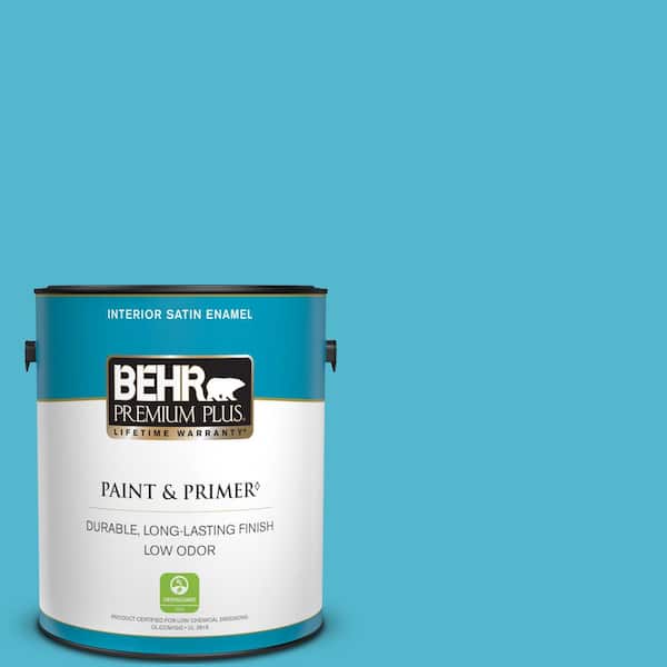 BEHR PREMIUM PLUS 1 gal. #520B-5 Liquid Blue Satin Enamel Low Odor Interior Paint & Primer