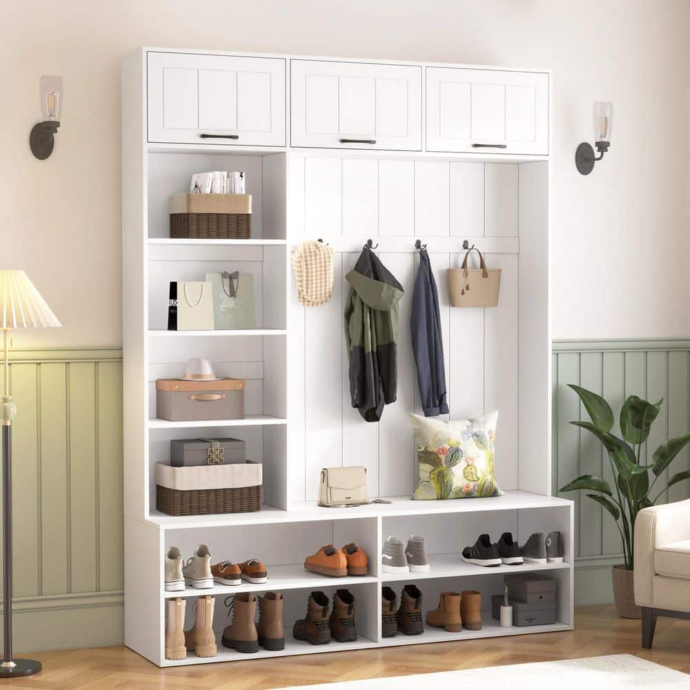 White Farmhouse 5-in-1 Entryway Hall Tree with 4 Hooks, Bench and Shoe Storage price history on PriceWatchPro