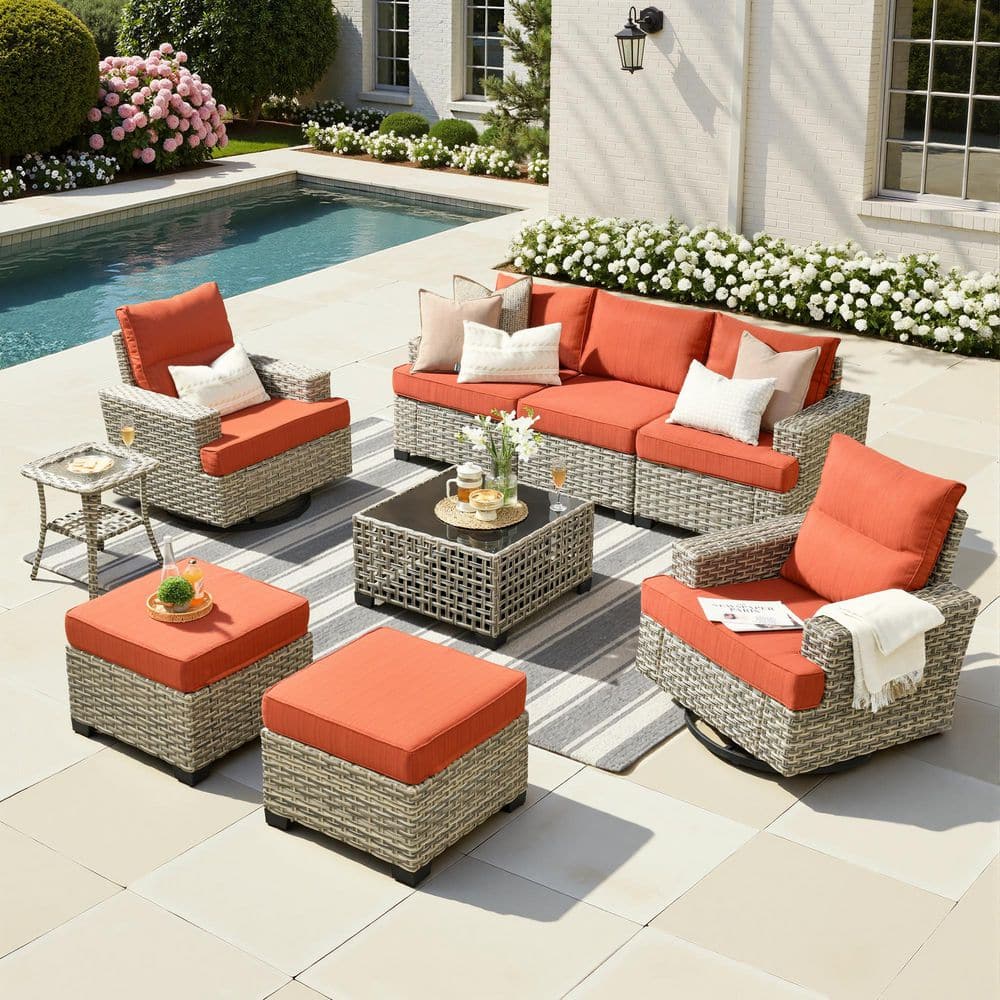 Merritt 9-Piece Wicker Outdoor Furniture Patio Conversation Sofa Set with Swivel Chairs, Tables and Brick Red Cushions price history on PriceWatchPro