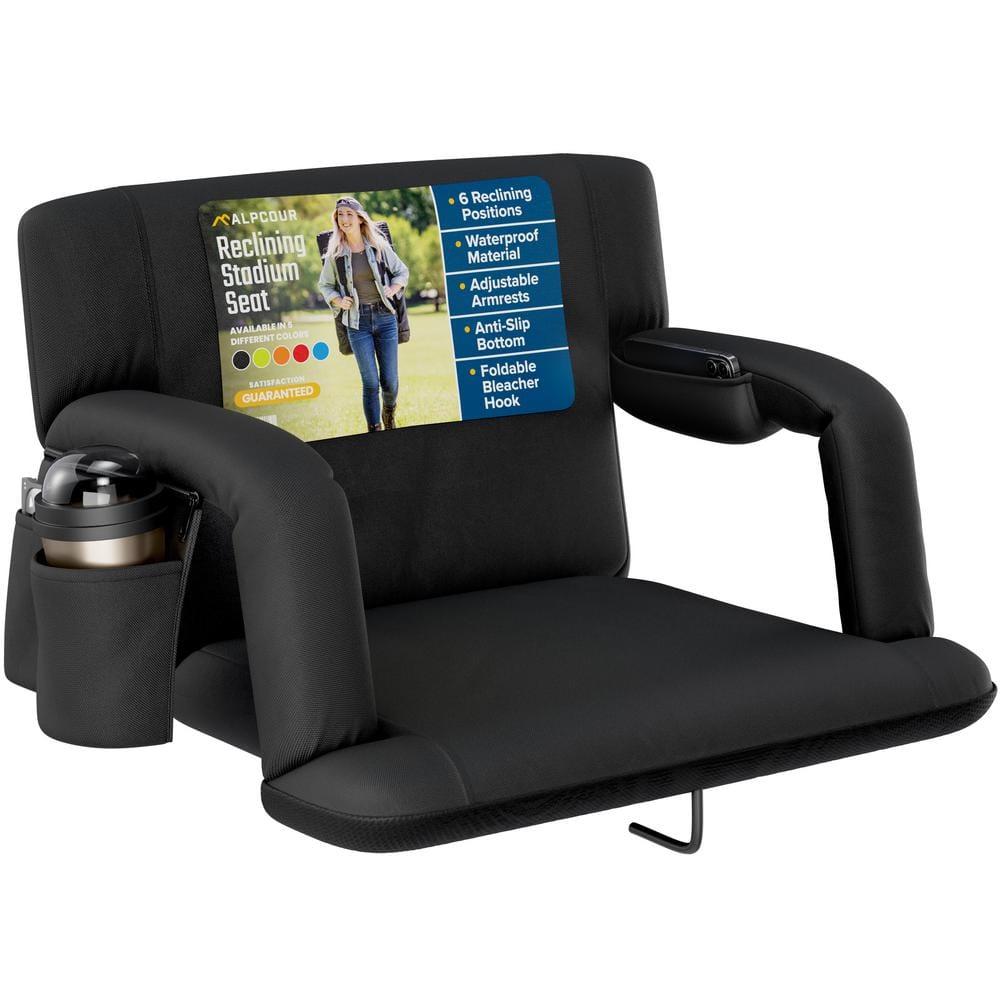 ALPCOUR Reclining Stadium Seat - Wide Bleacher Chair w/Back Support, Cushion, Armrests and Side Pockets - 24 in. Wide - Black