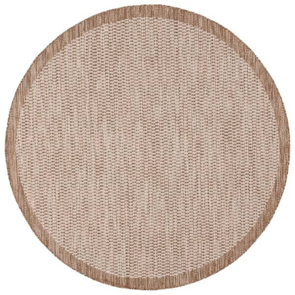 Beach House Brown/Ivory 7 ft. x 7 ft. Geometric Border Indoor/Outdoor Round Area Rug