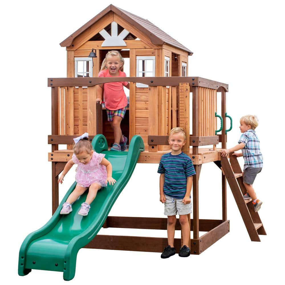 Backyard Discovery Echo Heights Indoor Outdoor All Cedar Wooden Elevated Playhouse with Clubhouse, Ladder, Green Slide, and Play Kitchen