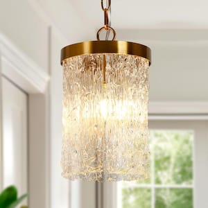 Modern Kitchen Island Pendant Light 1-Light Drum Plating Brass Pendant Light with Textured Crystal Glass Plates