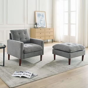 Gray Fabric Accent Chair Arm Chair with Ottoman Tufted Single Sofa Chair with Solid Wood Legs Living Room Chair