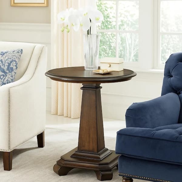 Rox 22 in. Brown Round Wood Side End Table Round with Tapered Pedestal Base
