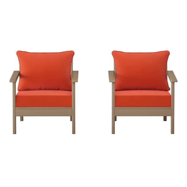 Birchwood Weathered Wood Outdoor Patio (Set of 2) Deep Seating HDPE Lounge Chairs w/ Orange Cushions