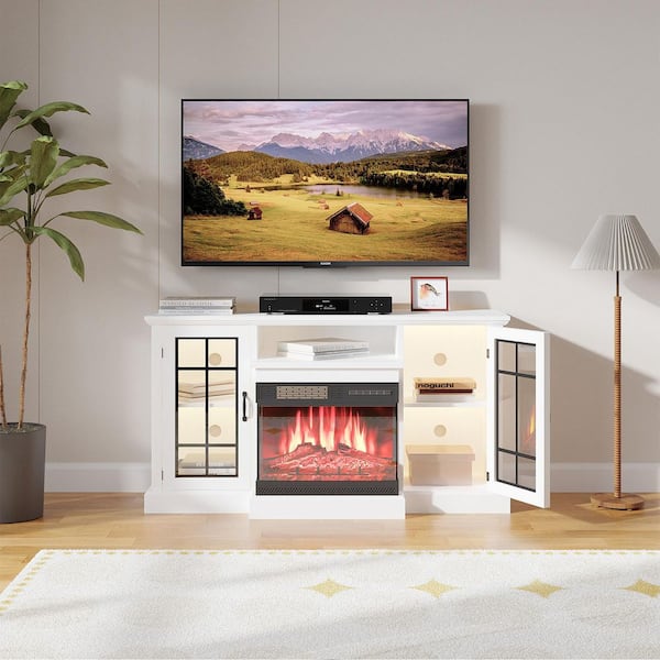 3-Sided Glass 70 in. Freestanding Wooden Smart Electric Fireplace TV Stand 80 in. White