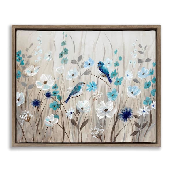 Stupell Industries Birds Floral Meadow Blossoms by Nan 1-Piece Brown Floater Frame Nature Graphic Art Print 17 in. x 21 in.