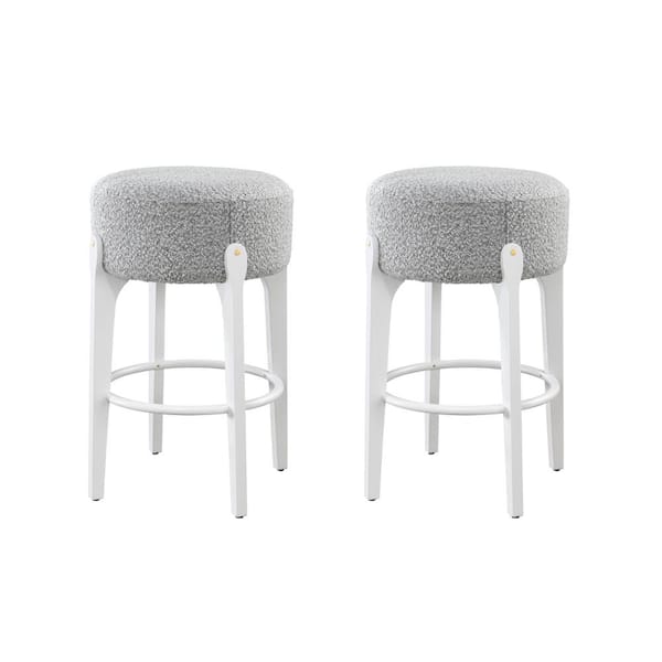 LuXeo Ellie 29 in. White Backless Wood Bar stool with Gray Boucle Fabric Seat Set of 2
