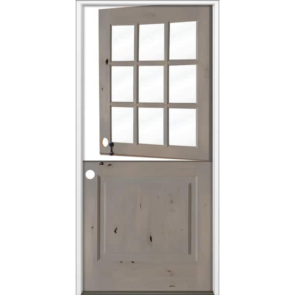 36 in. x 80 in. Farmhouse Knotty Alder Right-Hand/Inswing 9 Lite Clear Glass Grey Stain Dutch Wood Prehung Front Door