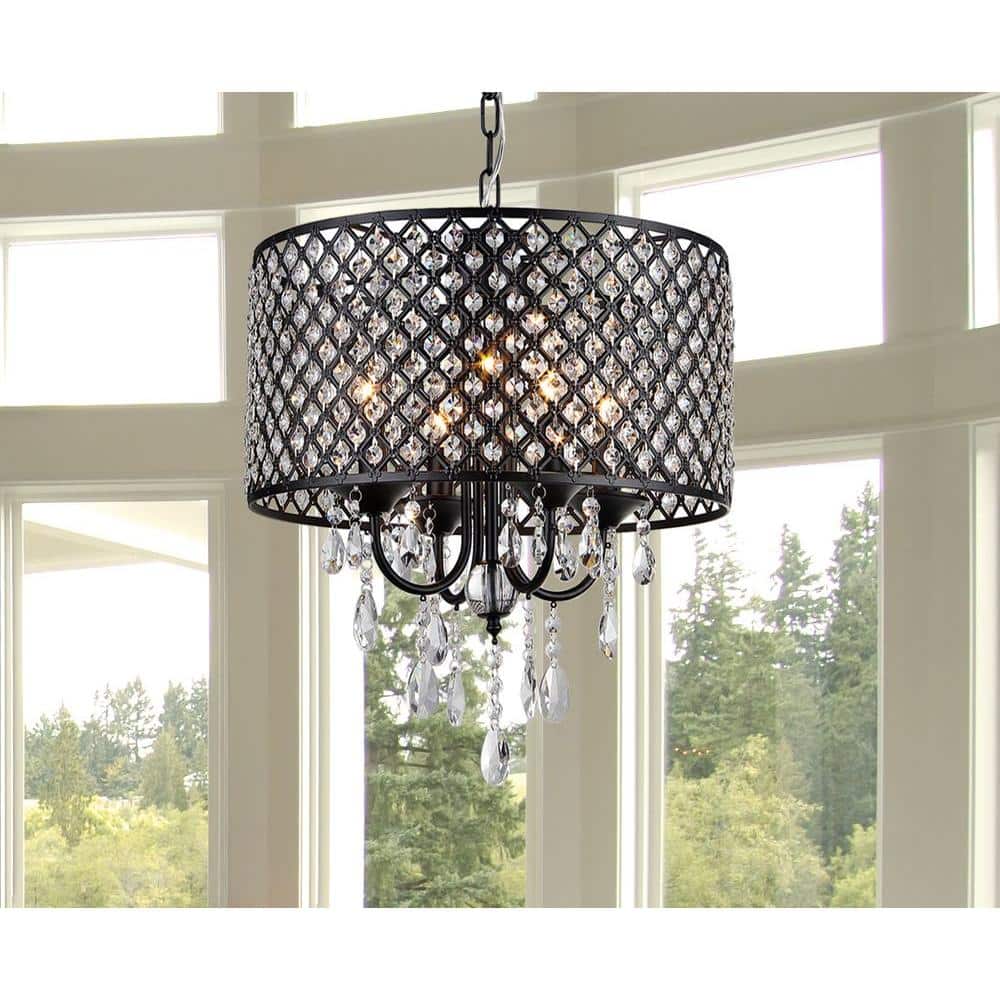 Black Crystal 17" Round Chandelier with Crystal Drops