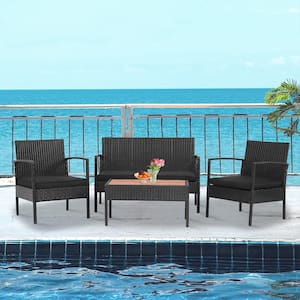 8-Pieces Wicker Patio Conversation Set Wooden Tabletop with Black Cushions