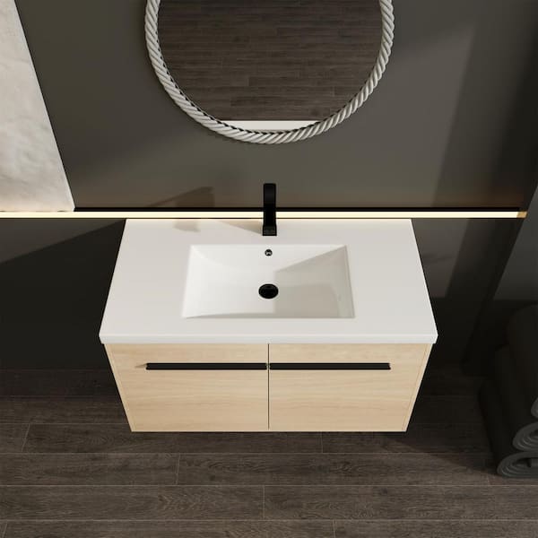 18.11 in. W x 35.43 in. D x 20.47 in. H 1-Sink Wall Mounted Bath Vanity in Oak with White Resin Top