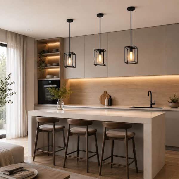 Briignite 1-Light Black Industrial Cage Pendant Light with Square