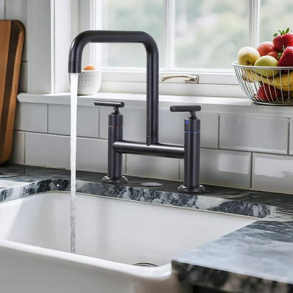 8 in. Centerset Double Handle Brass Bridge Kitchen Faucet with Sink Hole Cover in Oil Rubbed Bronze