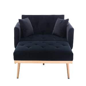 Black Modern Velvet Tufted Chaise Lounge Chair with Golden Metal Legs