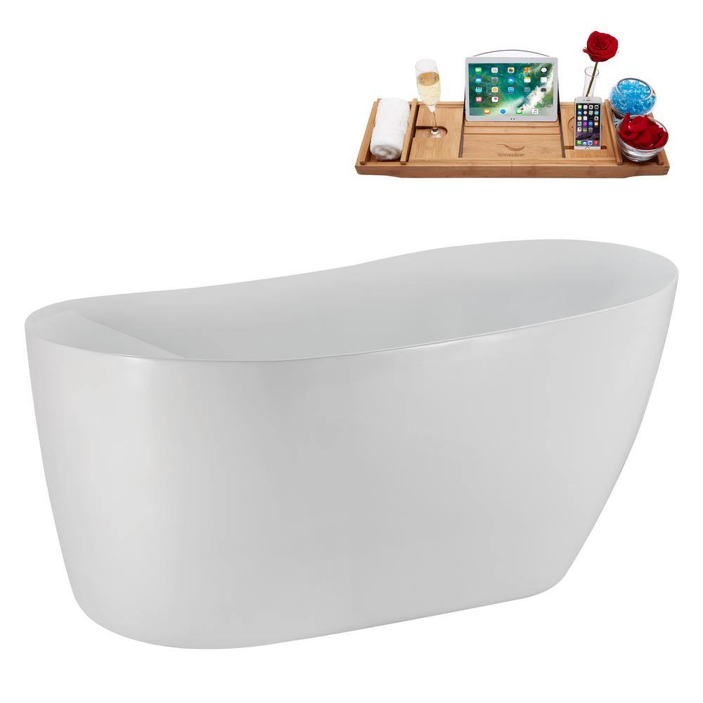 59" Glossy White Acrylic Freestanding Soaking Bathtub with Matte Black Trim