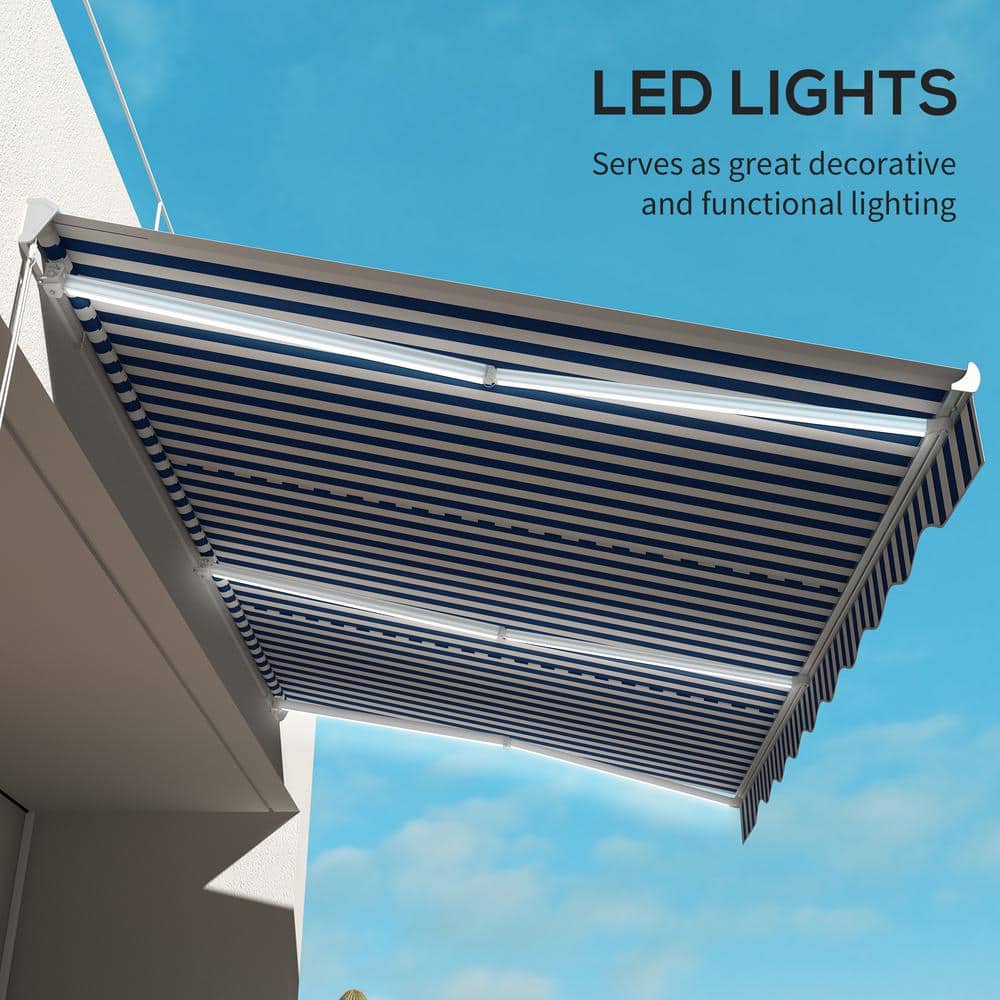Blue and White Striped Retractable Patio Awning with LED Lights
