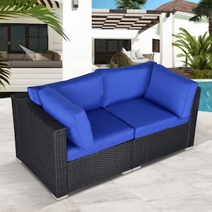 Black 2-Piece Wicker Outdoor All Weather Patio Loveseats Sectional Sofa, Corner Sofa with Royal Blue Cushions