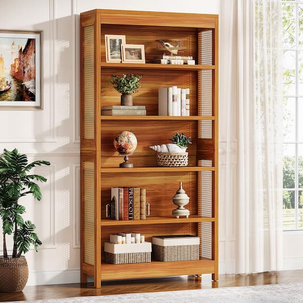 BYBLIGHT 71.26'' in. Tall Cherry Wood 5-Shelf Standard Bookcase with Rattan Side Design for Home Office