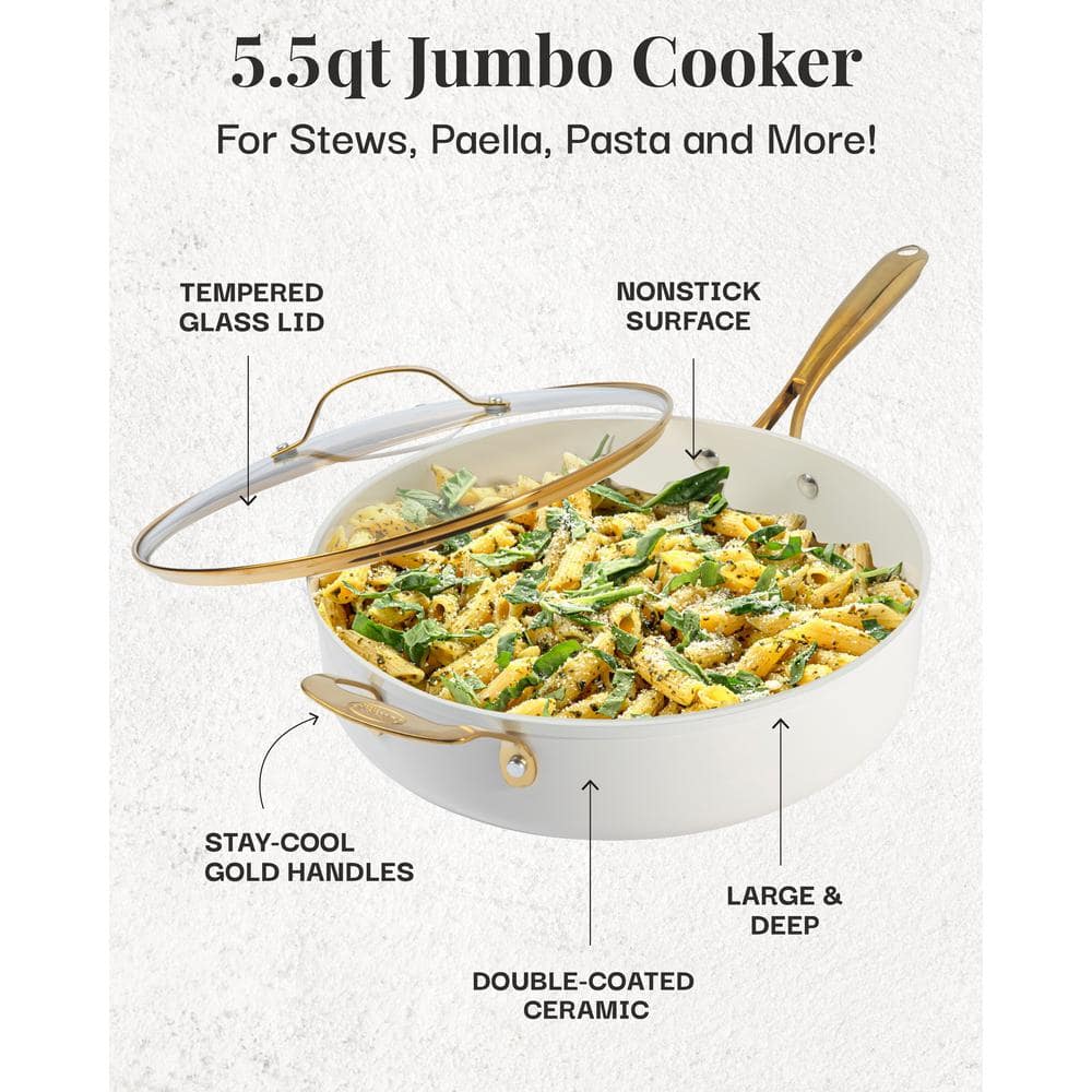 Cream 5.5 Qt Nonstick Ceramic Jumbo Cooker with Gold Handles