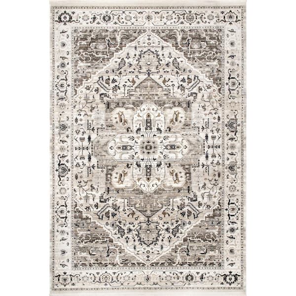 Oliveira Floral Medallion Fringe Beige 5 ft. 3 in. x 7 ft. 7 in. Indoor Area Rug