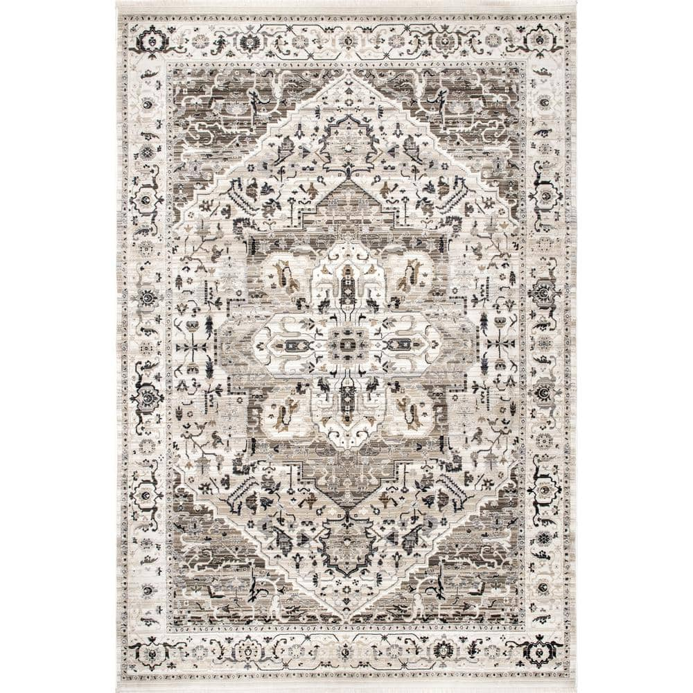 nuLOOM Oliveira Beige 8 ft. x 10 ft. Floral Medallion Fringe 