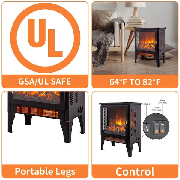 14.2 in. Freestanding Electric Fireplace Stove Heater, with 3D Flame Effect in Black