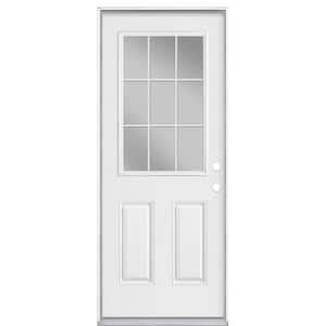 32 in. x 80 in. 9 Lite Internal Grille Left Hand Inswing Primed White Smooth Fiberglass Prehung Front Exterior Door