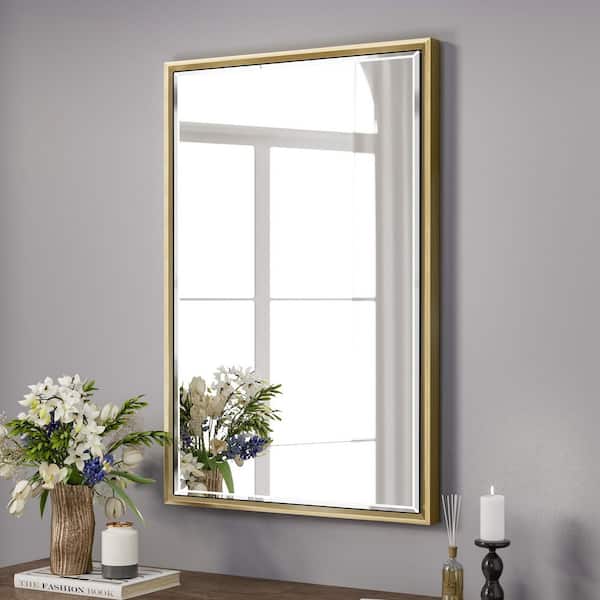 OnaBella 24 in. W x 36 in. H Rectangular Aluminum Thin Framed Wall Mount Beveled Bathroom Vanity Mirror in Gold