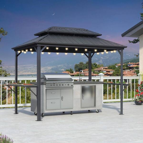 6.5 ft. x 10 ft. Hardtop Grill Gazebo for Patio Aluminum Barbecue Shelter Gazebo w/Hooks,Shelves Double Tiered 24-Lights