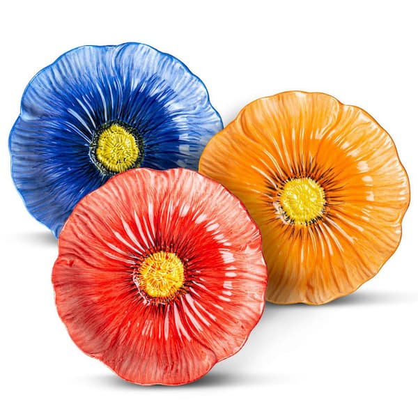 8 Inch Ceramic Floral Salad and Dessert Plates Set of 3 with Gradient Blue Pink Orange Glazes for Pasta