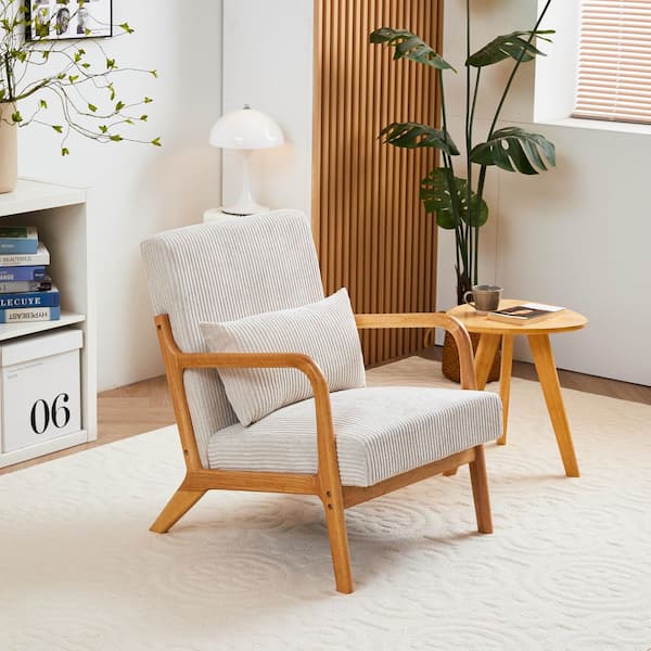 Seafuloy 28.74 in. Beige Fabric Arm Chair with Pillow, Solid Rubberwood Frame for Living Room Bedroom