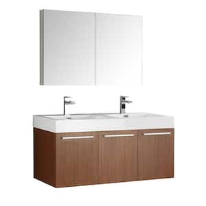 Vista 48 in. Vanity in Teak with Acrylic Vanity Top in White with White Basins and Mirrored Medicine Cabinet