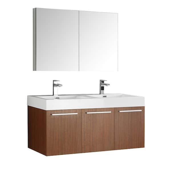 Fresca Vista 48 in. Vanity in Teak with Acrylic Vanity Top in White with White Basins and Mirrored Medicine Cabinet