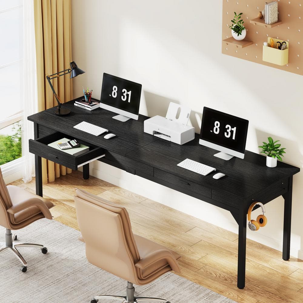 Black Engineered Wood Double Desk with Drawers