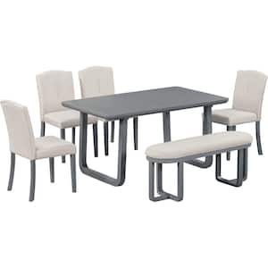Gray 6-Piece Wood Dining Table Set Upholstered Chairs Set of 4-Foam-covered Seat Backsand Cushions Bench