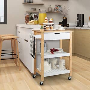 3-Tier Natural Wood Kitchen Cart Rolling Service Trolley with Bamboo Top, Shelves and Drawer