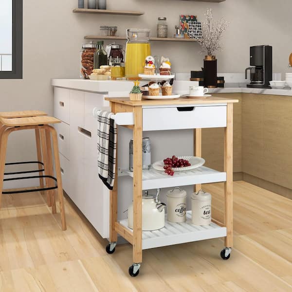 Bunpeony 3-Tier Natural Wood Kitchen Cart Rolling Service Trolley with Bamboo Top, Shelves and Drawer