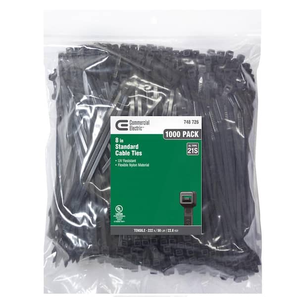 Commercial Electric 8in Standard 50lb Tensile Strength UL 21S Rated Cable Zip Ties 1000 Pack UV (Black)