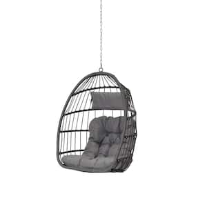 Wicker Wood Porch Swing Outdoor Indoor Garden Rattan Egg Swing Chair Hanging Chair with Light Gray Cushions